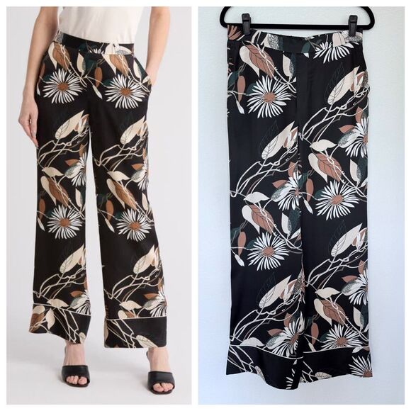 NWT Equipment Femme Joselyn Daisy Floral Satin Pajama Pants in True Black Multi - Picture 1 of 14
